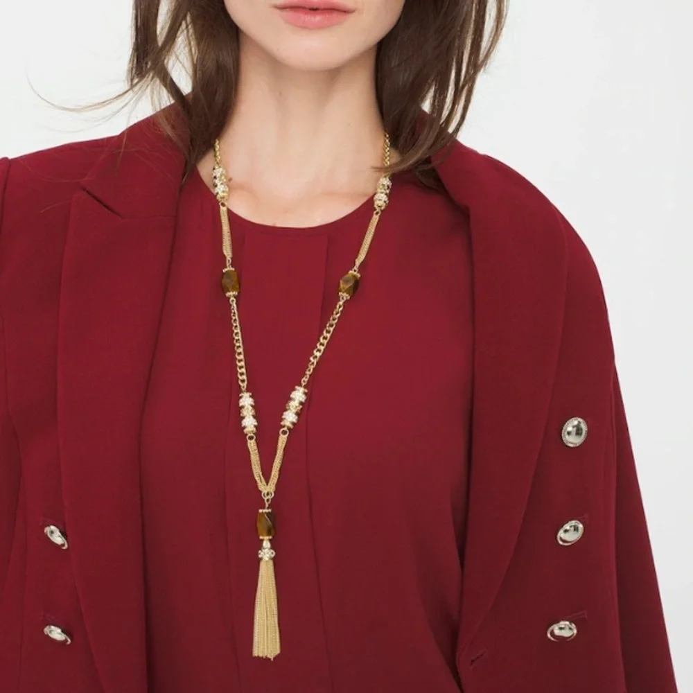 WHBM Tiger Eye & Tassel Pendant Long Necklace - Picture 6 of 6